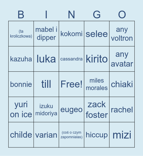 CHARACTERS Bingo Card