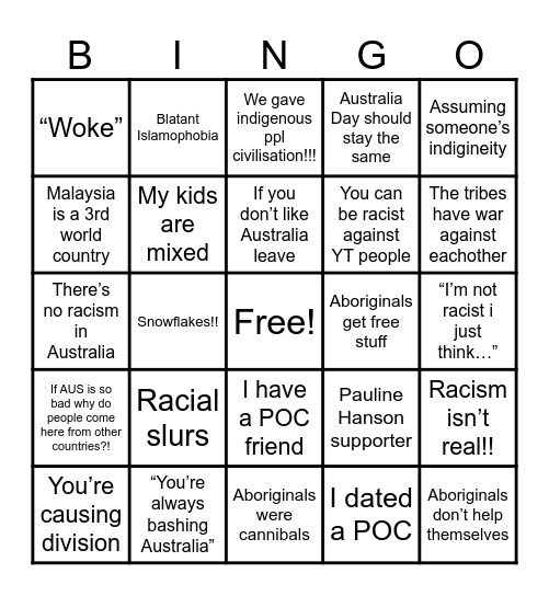 Bigot Bingo Card