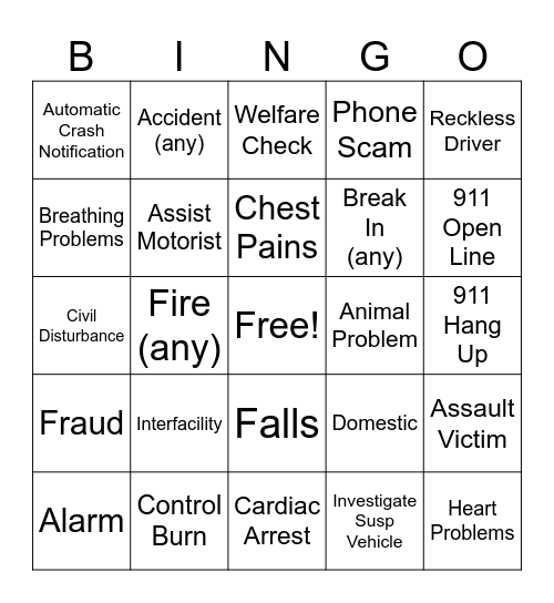 Weekend 911 Bingo Card