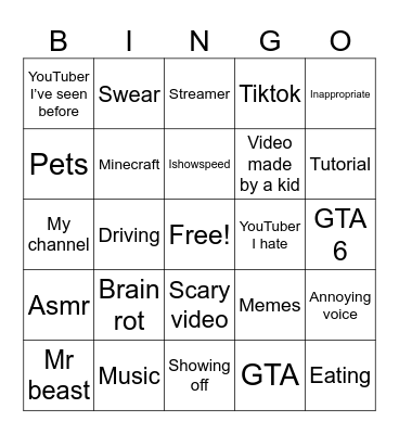 YouTube shorts bingo Card