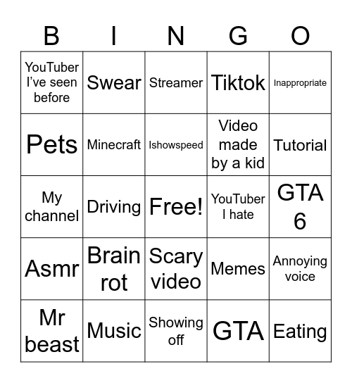 YouTube shorts bingo Card