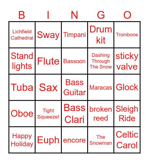 Lichfield Concert Band's Christmas Bingo Card