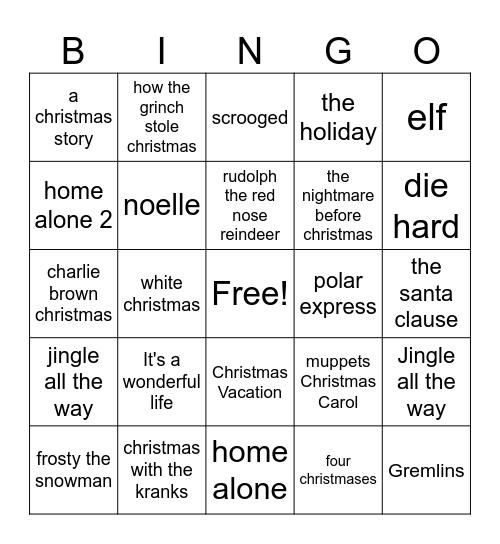 SBMS Holiday Movie Bingo Card