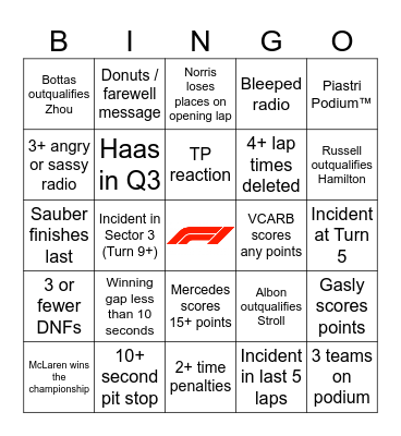 F1 Bingo - Abu Dhabi 2024 Bingo Card