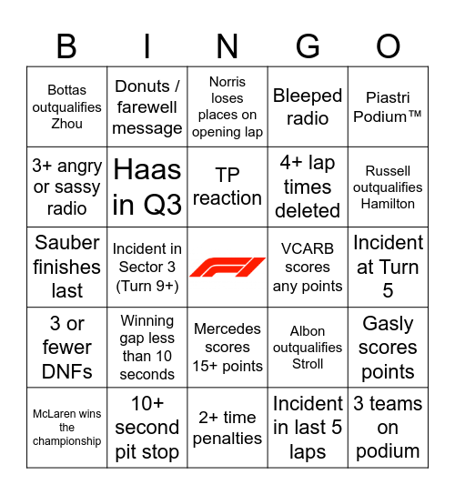 F1 Bingo - Abu Dhabi 2024 Bingo Card