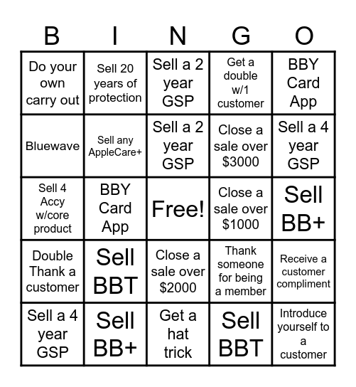 Sales Floor Bingo Card