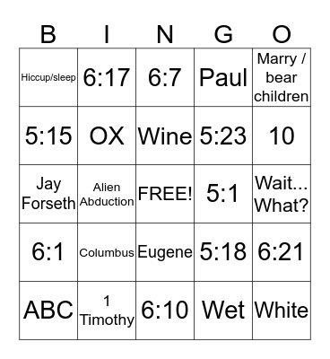 2 Timothy 5 & 6 Bingo Card