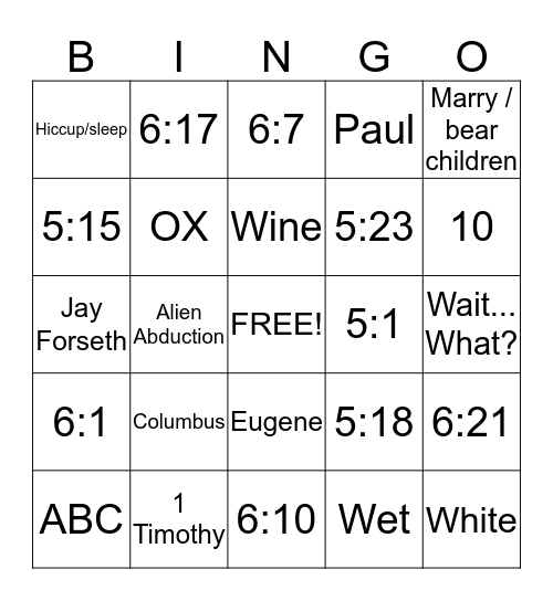 2 Timothy 5 & 6 Bingo Card