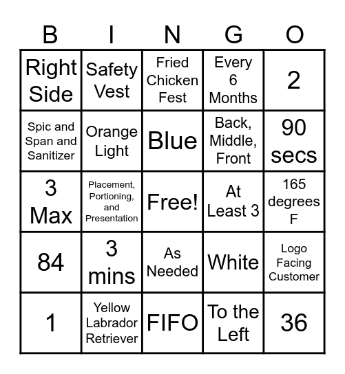 Cane's Bingo Card