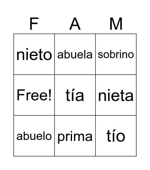 Familia Bingo Card