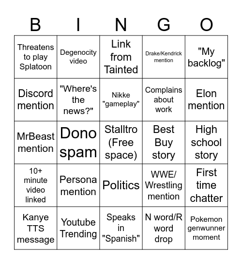 SenpaiRetro "Chill" stream bingo Card