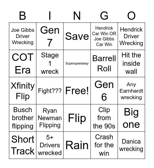 NASCAR Bingo Card