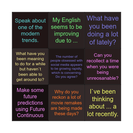 Continuous aspect Bingo Card