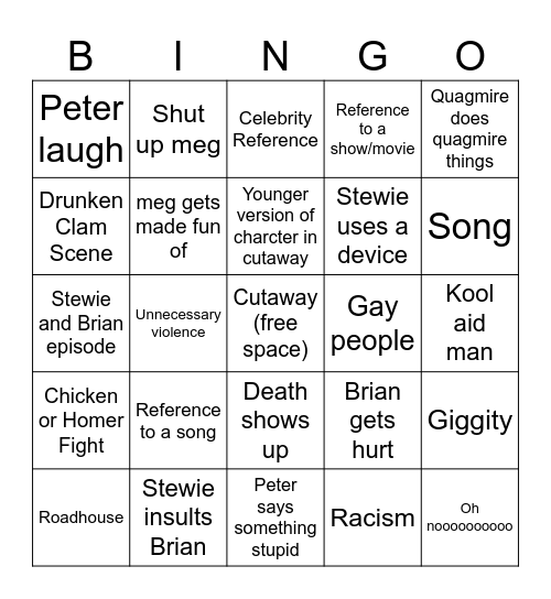 Family Guy Bingo Card