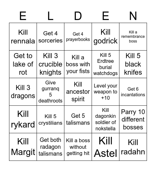 Elden ring Bingo Card