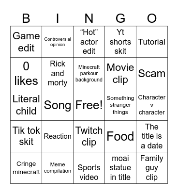 YouTube shorts Bingo Card