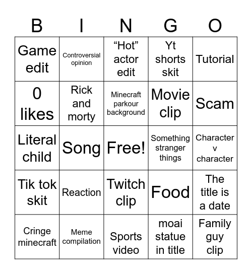 YouTube shorts Bingo Card