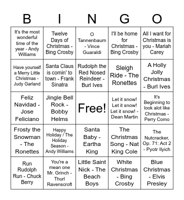 Classic Christmas Songs - NO MUSIC APPS Bingo Card