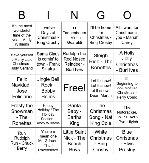 Classic Christmas Songs - NO MUSIC APPS Bingo Card