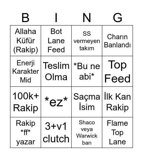 LOL normal Maç Bingo Card