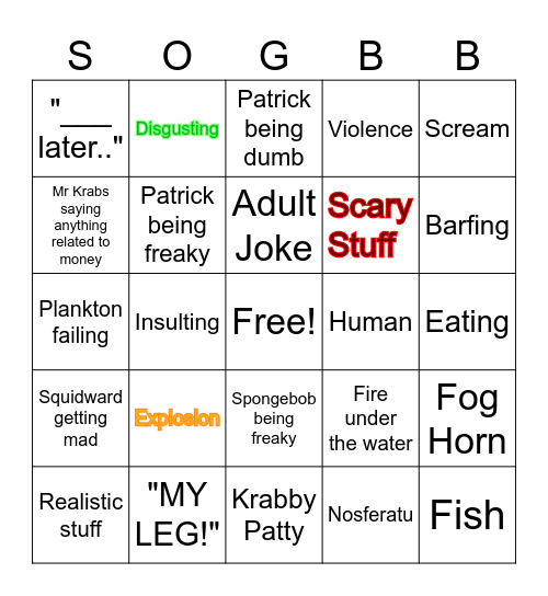 Spongebob Bingo Card