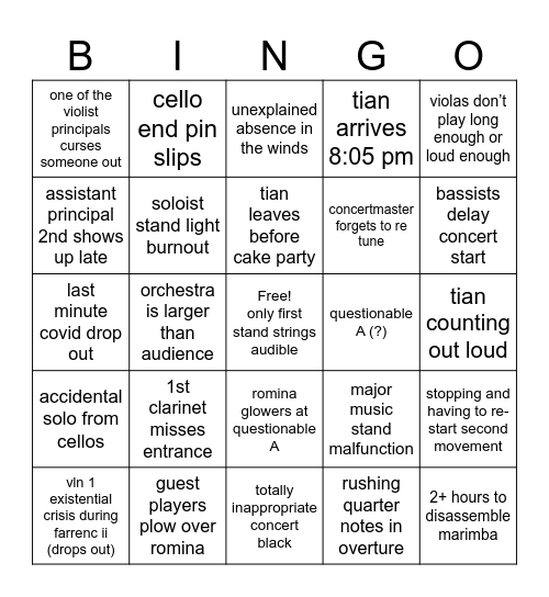 Mary Lyon Concert Bingo Card
