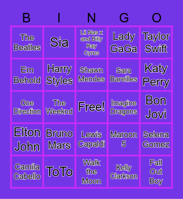 Pop Music Bingo Card