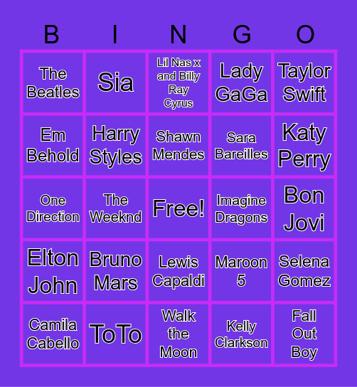 Pop Music Bingo Card