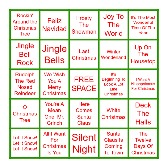 Christmas Carol Bingo Card