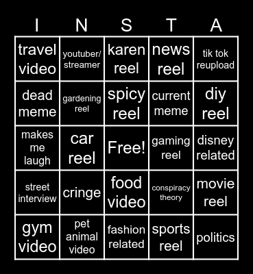 Instagram Reels Bingo Card