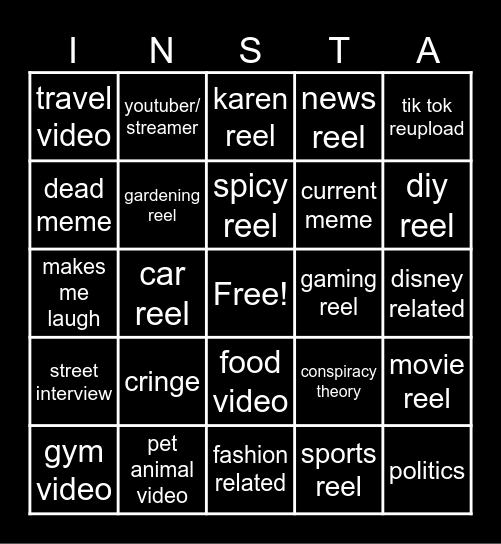 Instagram Reels Bingo Card