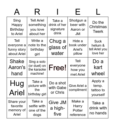 Ariel's Birthday Bingo Card