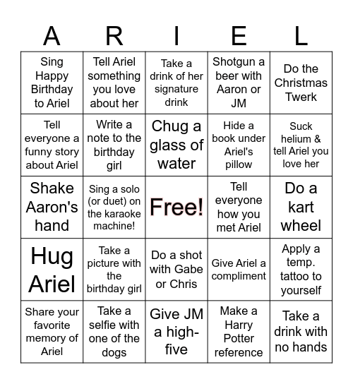 Ariel's Birthday Bingo Card