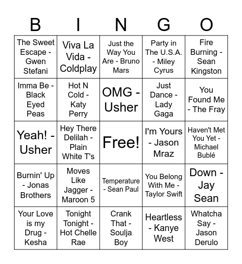 2000s/2010s Top Hits Bingo Card