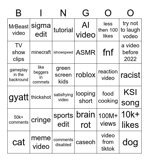 YOUTUBE SHORTS BINGO Card