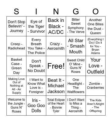 80s/90s Top Hits Bingo Card