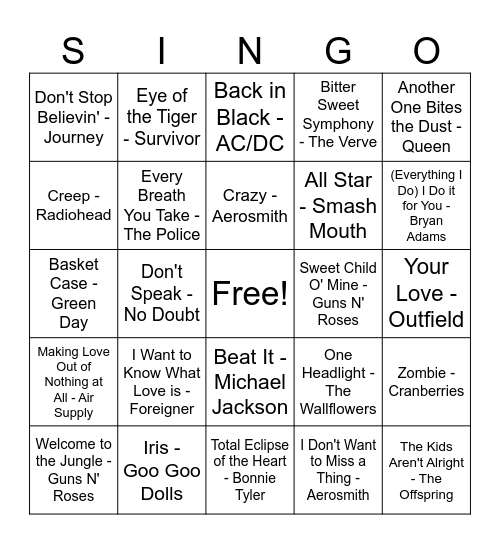 80s/90s Top Hits Bingo Card