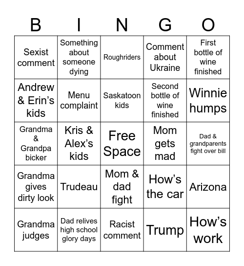 Family Bingo Card