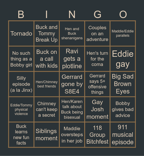 General 9-1-1 Season 8 Bingo Card