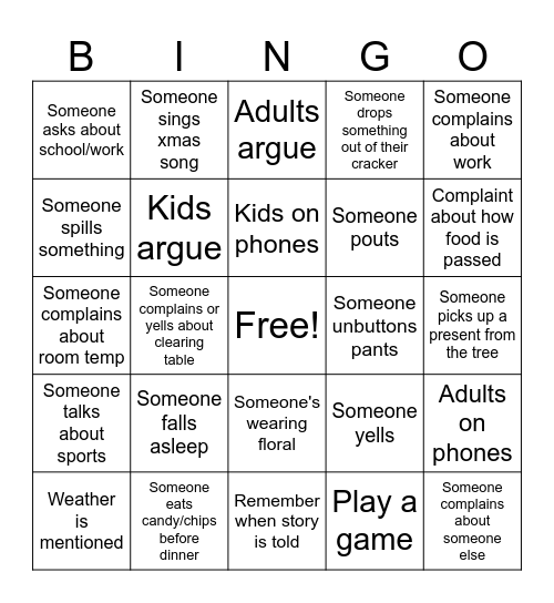 Family Xmas Bingo Card