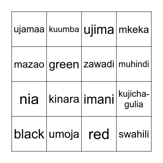 Kwanzaa Bingo Card