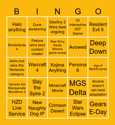 Game Awards 2024 Bingo Card