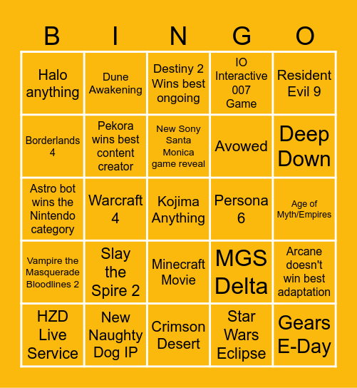 Game Awards 2024 Bingo Card