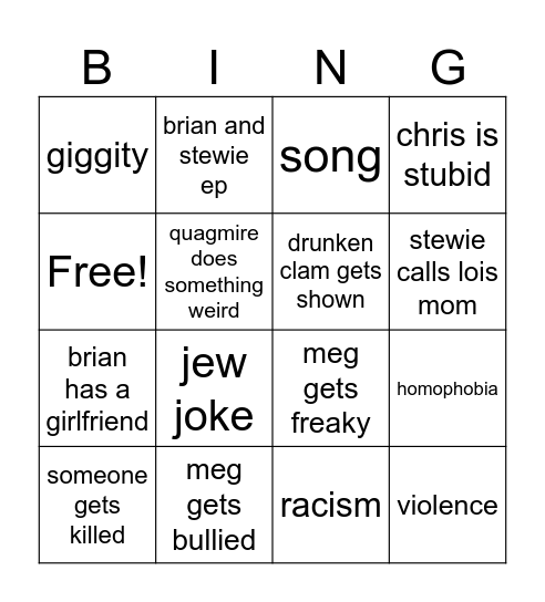 family guy Bingo Card