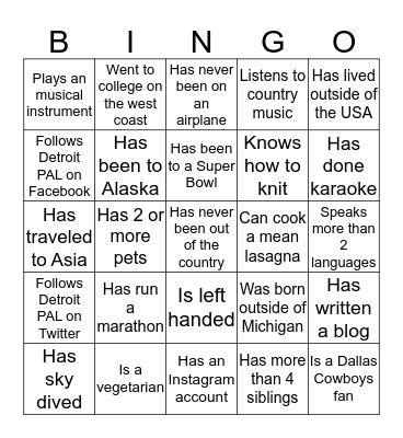 Detroit PAL Staff BINGO!! Bingo Card