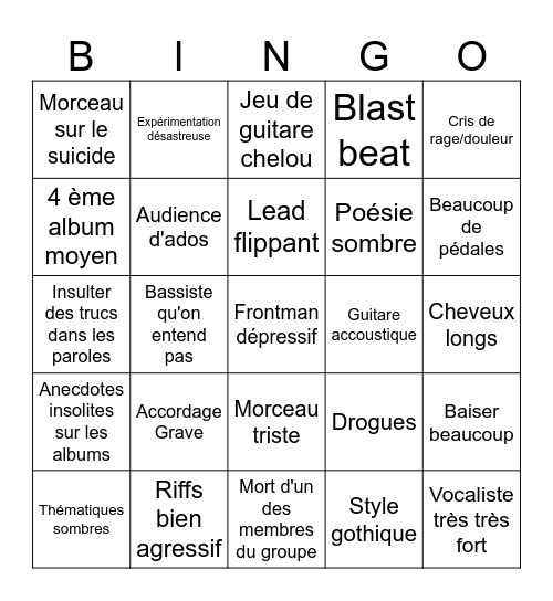 Bingo groupe de métal Bingo Card