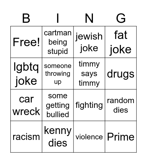 South Park Bingo Card