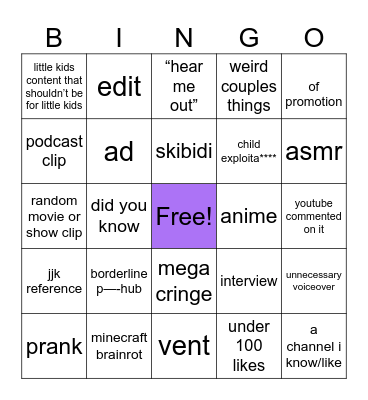 youtube shorts bingo Card