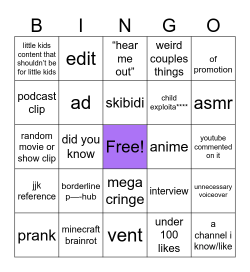 youtube shorts bingo Card