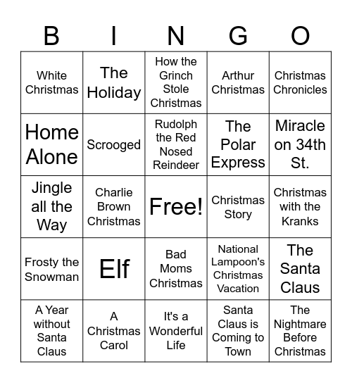 Christmas Moview Bingo Card